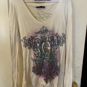 Christian Audigier Women's White and Purple Graphic Top